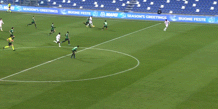 处在越位位置的托纳利巧妙将球让过，特奥高速插上再度得球突入禁区传中